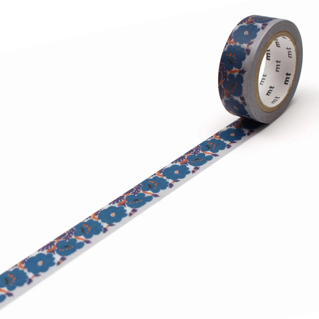 A roll of washi tape with a floral pattern in shades of blue and pink.