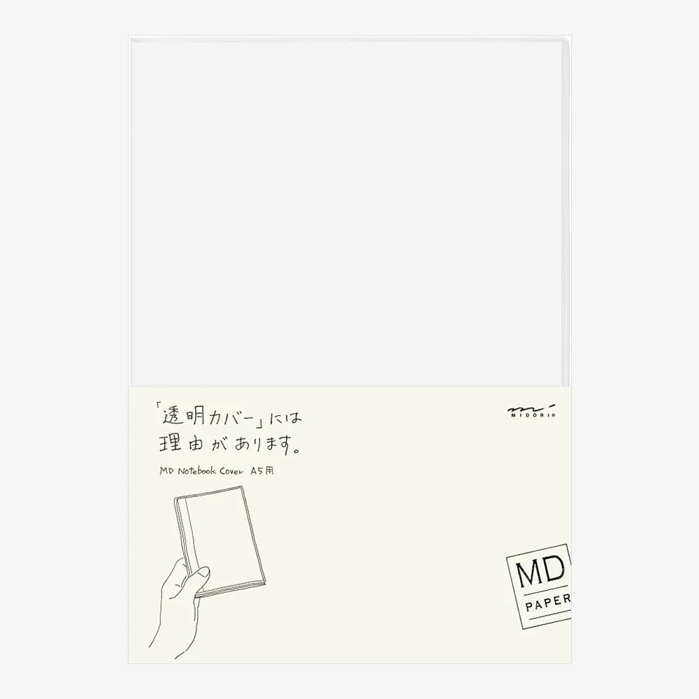 The Midori MD PVC Notebook Cover (Clear) in A5, B6, A6, or A7 protects your notebook with style—a clear PVC cover and paper insert featuring Japanese text and a hand illustration, plus “MD Notebook Cover” and “MD PAPER” in English.