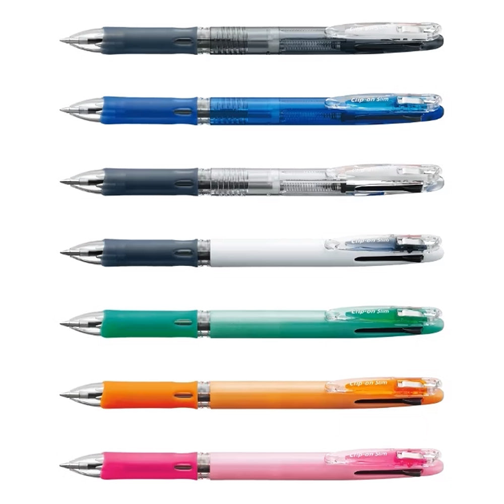 The Zebra Clip-on Slim 3 Colour Multi Pen features seven pens, each with a distinct barrel shade—clear, blue, dark gray, white, green, orange, and pink—with silver clips and tips for a stylish look. Perfect for multi-ink pen enthusiasts.