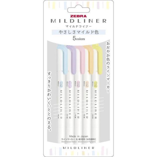 The Zebra Mildliner Highlighter Markers Set of 5 - Gentle features pastel blue, green, yellow, pink, and purple in clear packaging with Japanese and English text. Water-based ink ensures smooth highlighting.