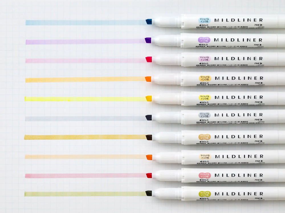 Five white Zebra Mildliner Highlighter Markers from the Gentle set are lined up on grid paper, each with a matching cap and drawing soft pastel lines in blue, purple, pink, orange, and yellow.