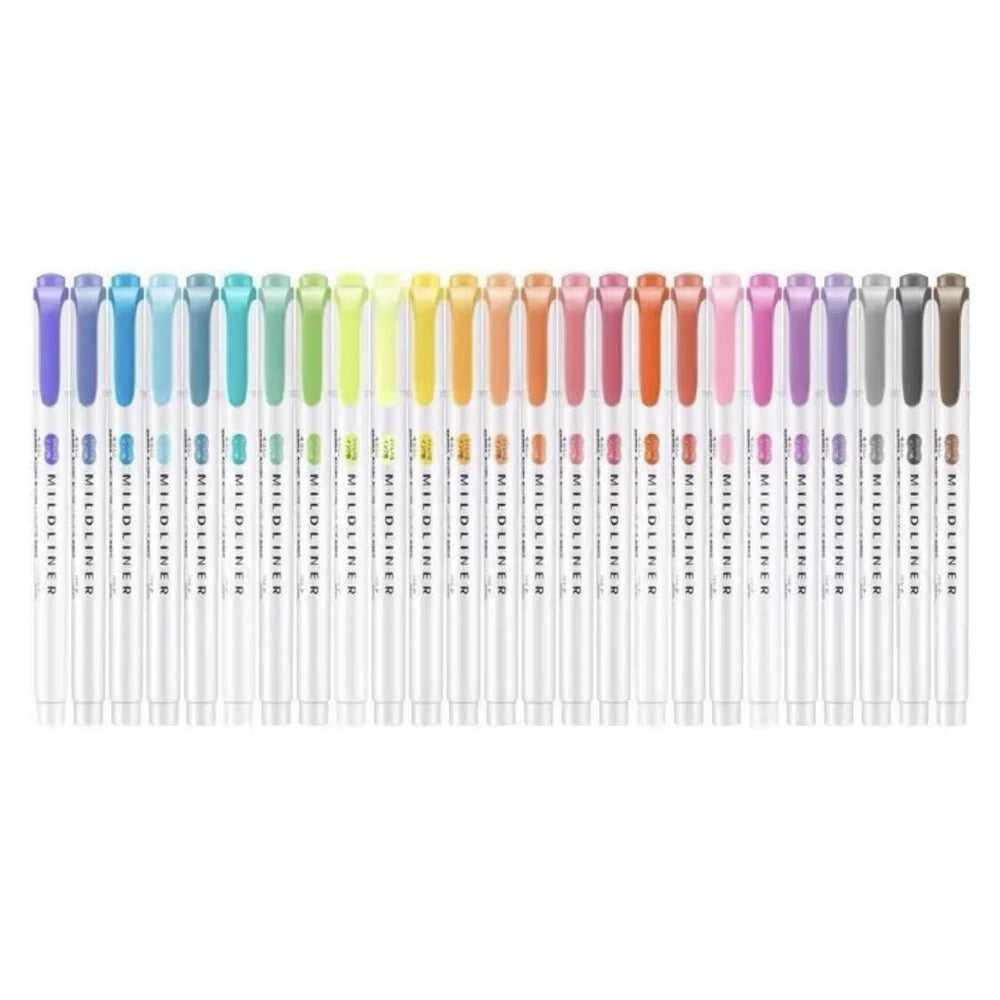 The Zebra Mildliner - Single Marker is available in 25 colors, each with a unique cap shade like blue, green, yellow, orange, pink, purple, brown, or gray. Each pen features gentle water-based ink and dual tips.
