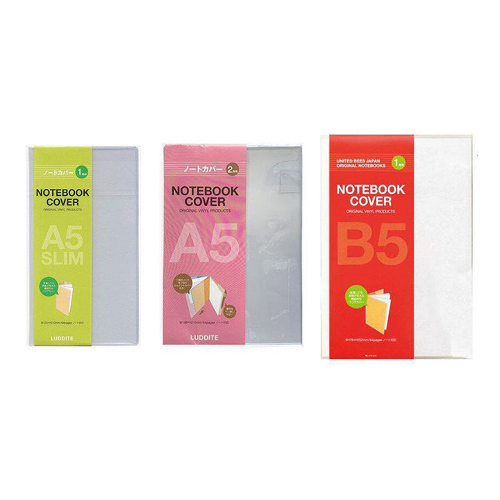 Three PVC Notebook Covers by LUDDITE—A5 SLIM, A5, and B5 sizes—come in clear packaging with green, pink, or red labels. Ideal for protecting your LUDDITE notebooks.
