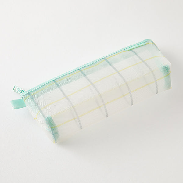Mesh Pencil Case Pouch w/ Gusset - Checkered Green