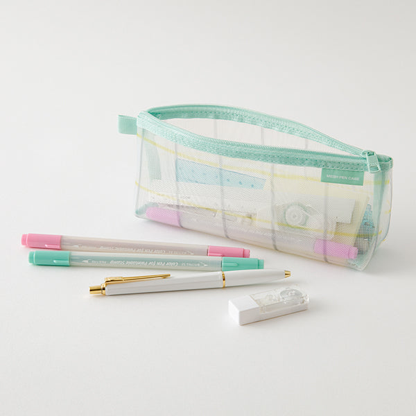 Mesh Pencil Case Pouch w/ Gusset - Checkered Green