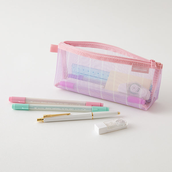 Mesh Pencil Case Pouch w/ Gusset - Striped Purple