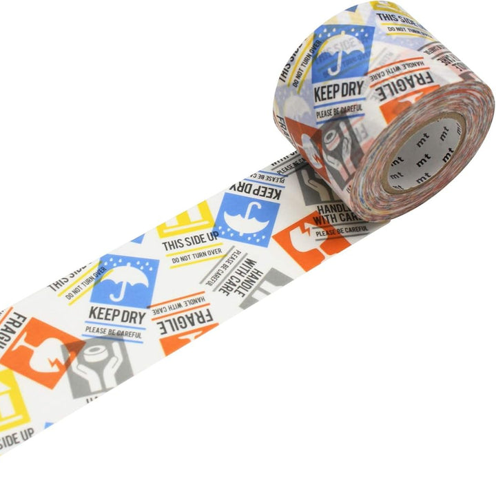 Roll of tape with various labels and icons on a white background