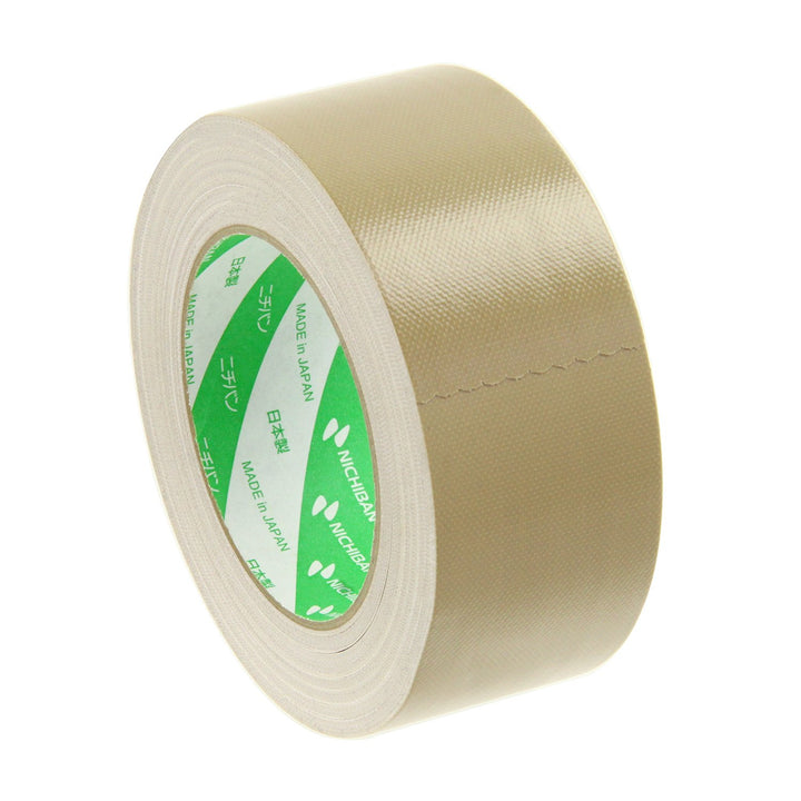 Beige duct tape roll with green label on a white background
