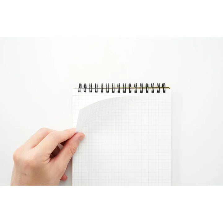 Hand holding a spiral-bound notebook with white pages on a white #paper-type_5mm-grid