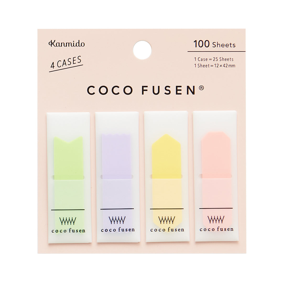 Packaging of COCO FUSEN sticky notes with four different colors on a beige background.
