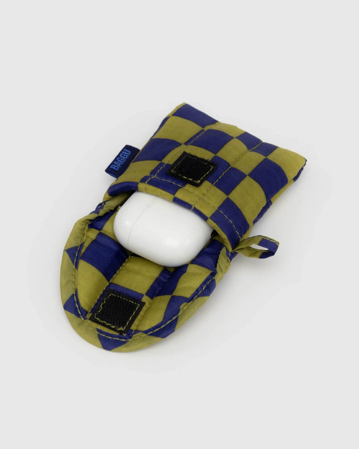 Puffy Earbuds / Cords Case - Pear Navy Check