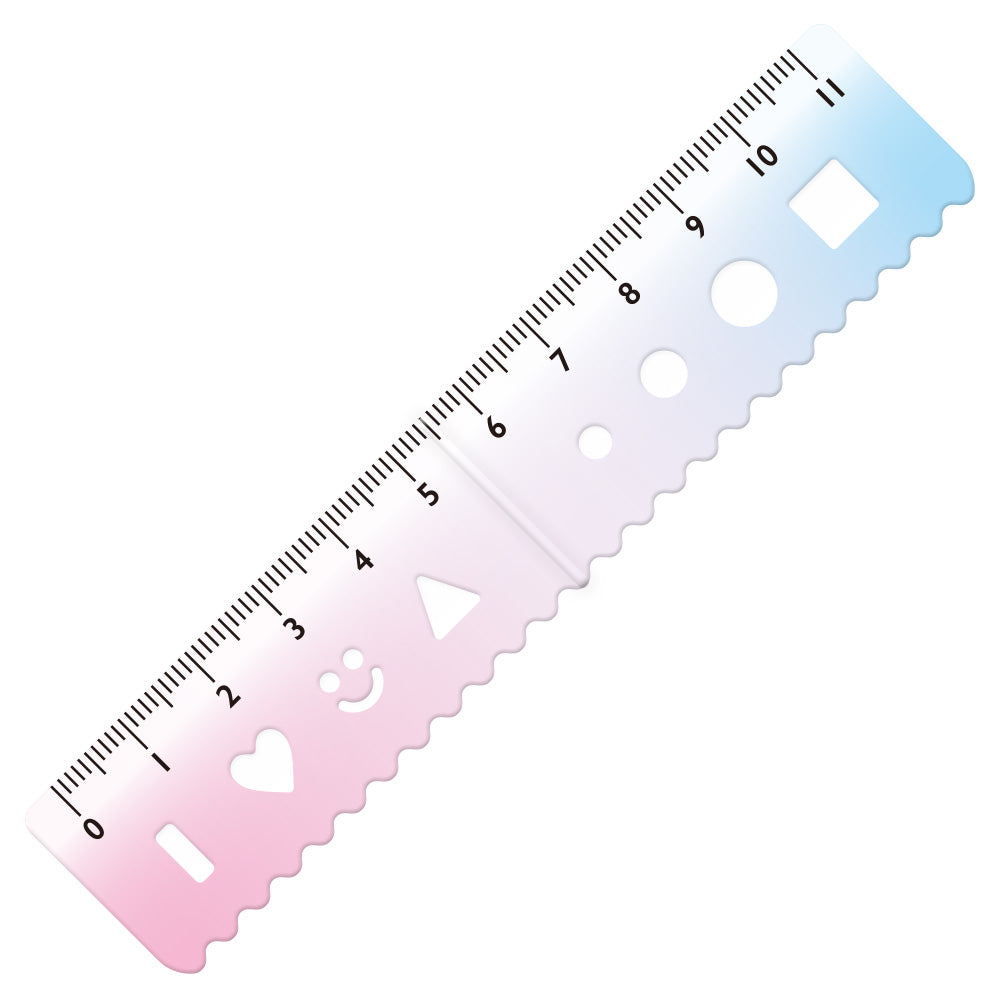 Kyoei gradient magnetic bookmark ruler in pink to blue, unfolded with an 11 cm scale and stencil shapes #colour_pink-to-blue