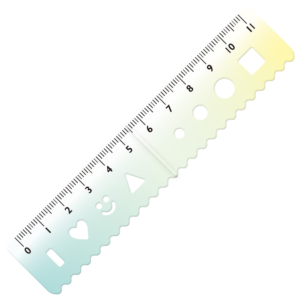 Kyoei gradient magnetic bookmark ruler in green to yellow, unfolded with an 11 cm scale and stencil shapes #colour_green-to-yellow