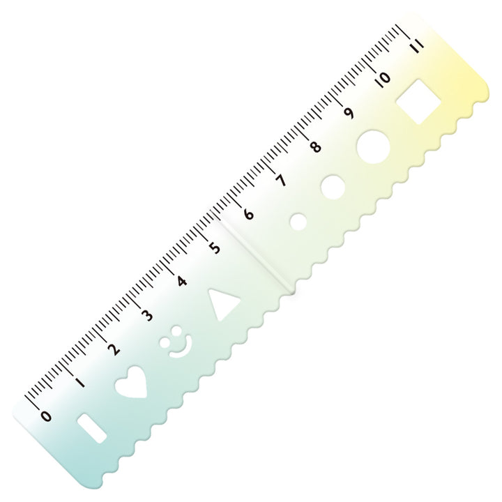 Kyoei gradient magnetic bookmark ruler in green to yellow, unfolded with an 11 cm scale and stencil shapes #colour_green-to-yellow