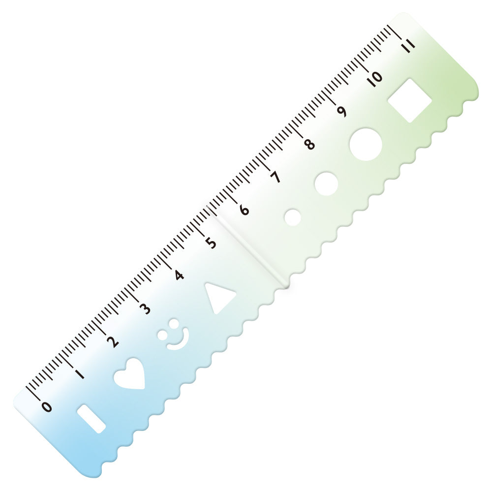 Kyoei gradient magnetic bookmark ruler in blue to green, unfolded with an 11 cm scale and stencil shapes #colour_blue-to-green